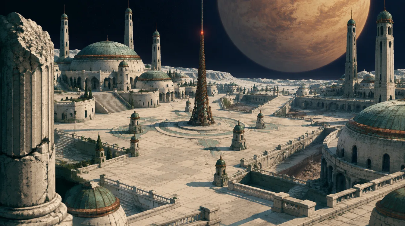 Kota kuno di permukaan Lune: teras batu putih, kubah, menara bertudung tembaga hijau, planet gurun besar di langit hitam.